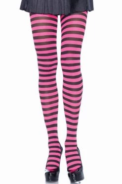 Leg Avenue Black And Neon Pink Striped Pantyhose
