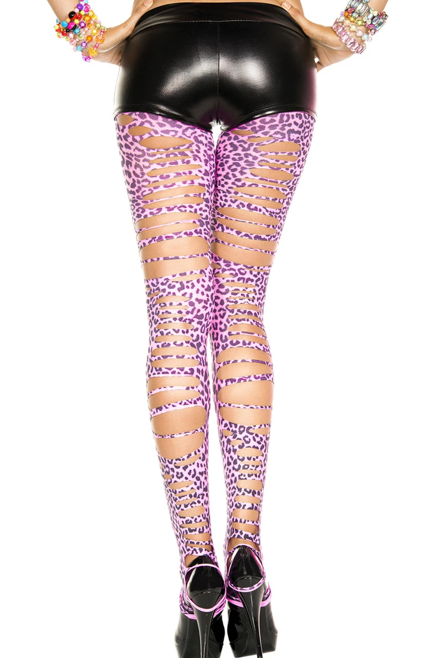 Music Legs Neon Pink Tattered Leopard Print Footless Tights 3 Music Legs Neon Pink Tattered Leopard Print Footless Tights