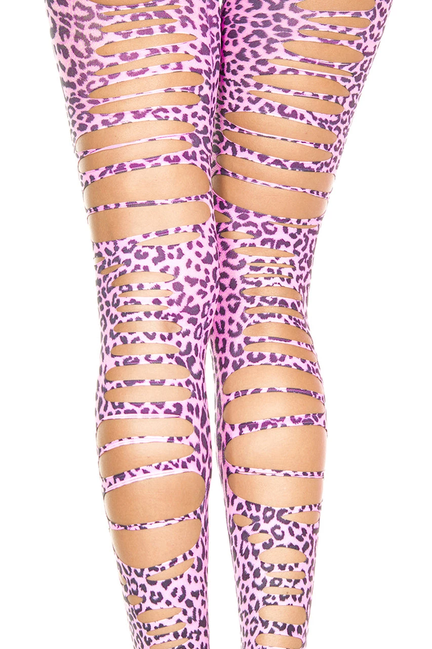 Music Legs Neon Pink Tattered Leopard Print Footless Tights 4 Music Legs Neon Pink Tattered Leopard Print Footless Tights - Image 2