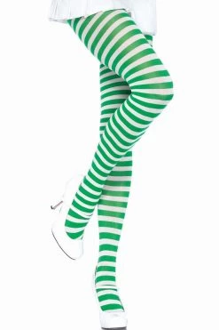 Leg Avenue White And Kelly Green Striped Pantyhose