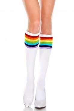 Music Legs White Knee High Socks With Rainbow Stripes