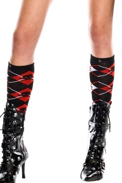 Music Legs Red And Black Argyle Knee High