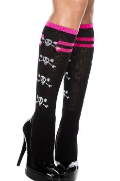 Music Legs Black Knee High Stockings With Pink Skulls