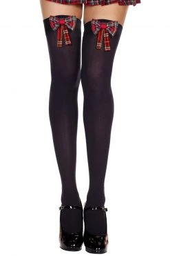 Music Legs Black Thigh Highs With Red Plaid Bows