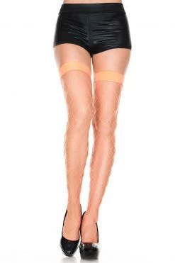 Music Legs Neon Orange Diamond Net Stockings With Wide Bands
