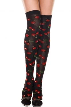 Music Legs Cherry Print Black Thigh High
