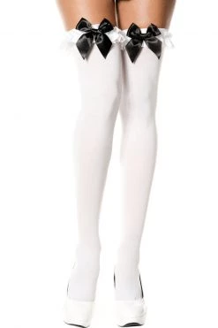 Music Legs White Thigh High Stockings With Black Bows